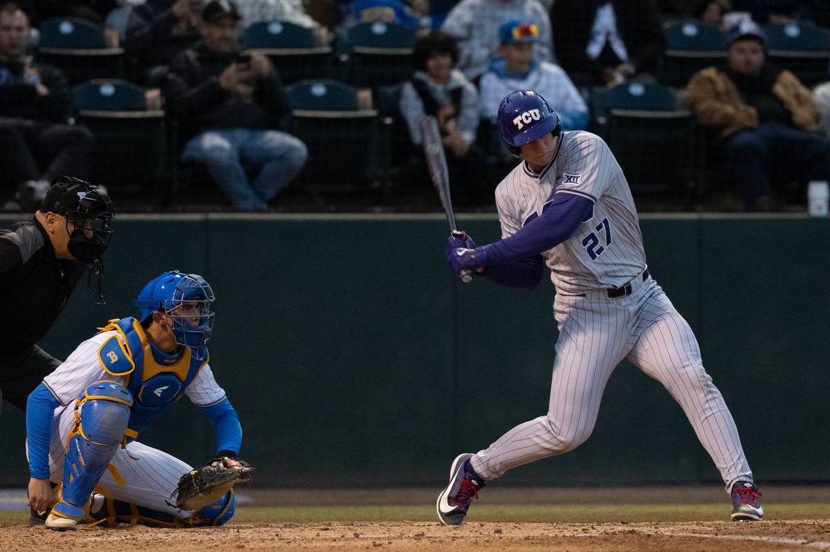 TCU catcher Brady Dallimore (27) checks his swing during a game between TCU and UCLA on Friday, February 20,2026 at Jackie Robinson Stadium in Los Angeles Calif TCU catcher Brady Dallimore (27) checks his swing during a game between TCU and UCLA on Friday, February 20,2026 at Jackie Robinson Stadium in Los Angeles Calif
