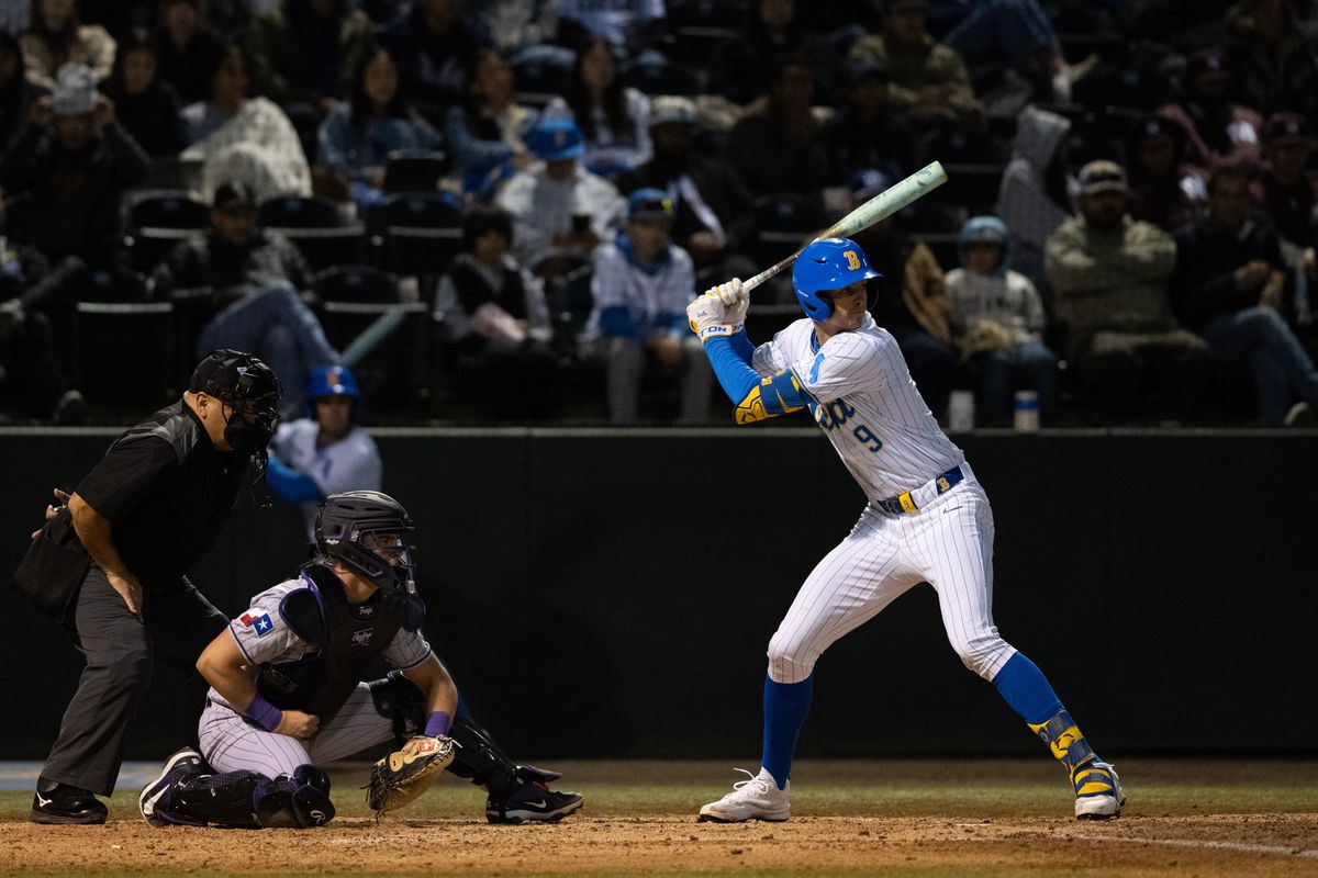 UCLA center fielder Will Gasparino (9) at bat during a game between TCU and UCLA on Friday, February 20,2026 at Jackie Robinson Stadium in Los Angeles Calif UCLA center fielder Will Gasparino (9) at bat during a game between TCU and UCLA on Friday, February 20,2026 at Jackie Robinson Stadium in Los Angeles Calif