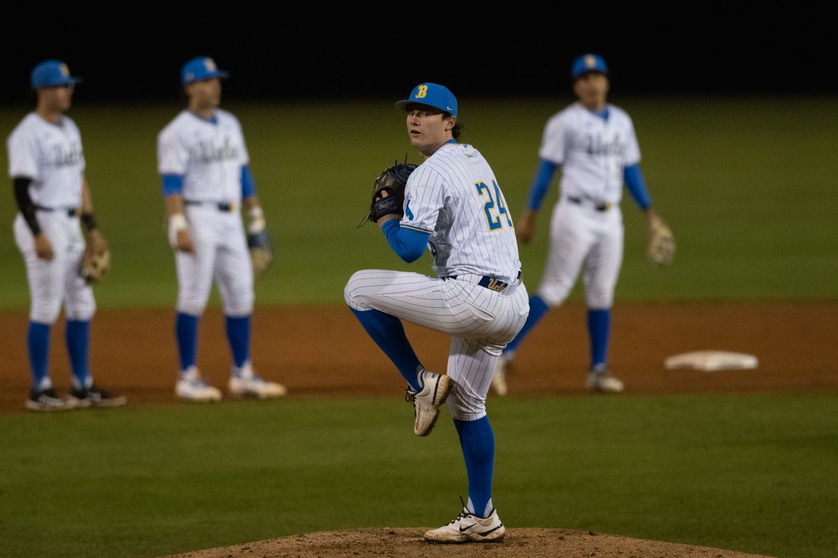 UCLA pitcher Logan Reddemann (24) throws warm up pitches during a game between TCU and UCLA on Friday, February 20,2026 at Jackie Robinson Stadium in Los Angeles Calif UCLA pitcher Logan Reddemann (24) throws warm up pitches during a game between TCU and UCLA on Friday, February 20,2026 at Jackie Robinson Stadium in Los Angeles Calif
