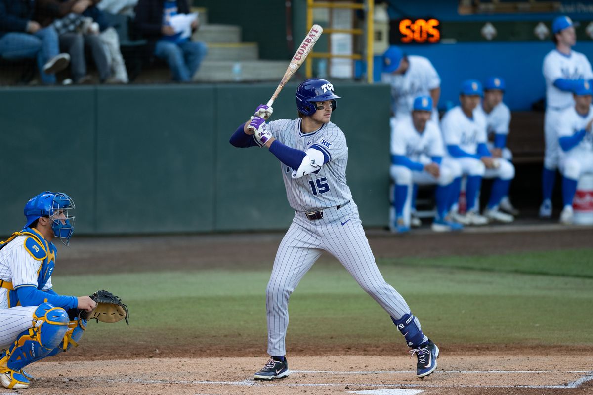 TCU outfielder Chase Brunson (15) at bat during a game between TCU and UCLA on Friday, February 20,2026 at Jackie Robinson Stadium in Los Angeles Calif TCU outfielder Chase Brunson (15) at bat during a game between TCU and UCLA on Friday, February 20,2026 at Jackie Robinson Stadium in Los Angeles Calif