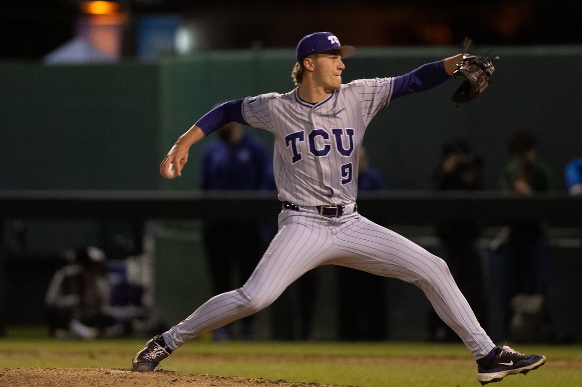 TCU pitcher Trever Baumler (9) throws a pitch during a game between TCU and UCLA on Friday, February 20,2026 at Jackie Robinson Stadium in Los Angeles Calif TCU pitcher Trever Baumler (9) throws a pitch during a game between TCU and UCLA on Friday, February 20,2026 at Jackie Robinson Stadium in Los Angeles Calif