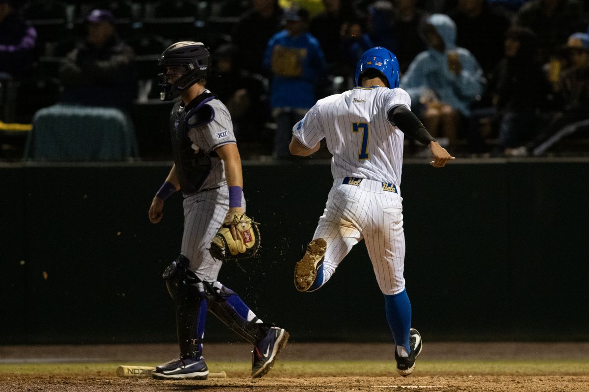 UCLA third baseman Roman Martin (7) touches home plate during a game between TCU and UCLA on Friday, February 20,2026 at Jackie Robinson Stadium in Los Angeles Calif UCLA third baseman Roman Martin (7) touches home plate during a game between TCU and UCLA on Friday, February 20,2026 at Jackie Robinson Stadium in Los Angeles Calif