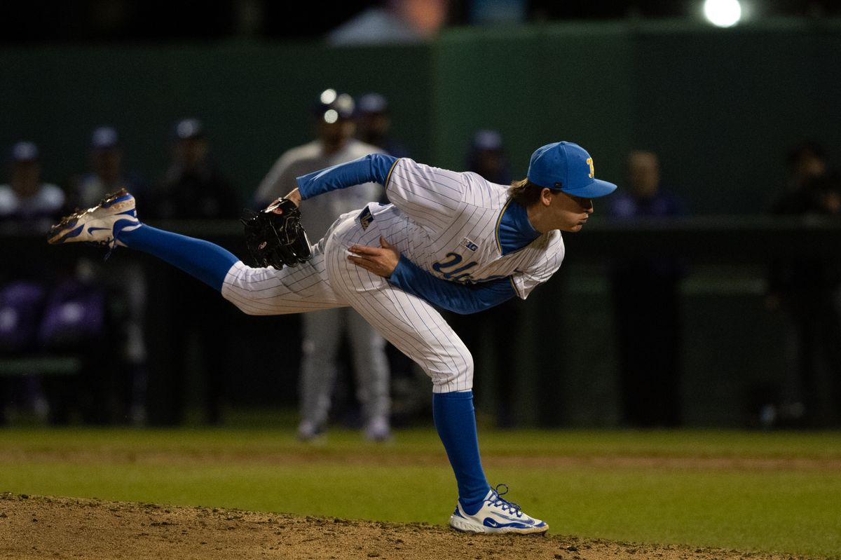 UCLAS pitcher Ian May (10) throws a ptich during a game between TCU and UCLA on Friday, February 20,2026 at Jackie Robinson Stadium in Los Angeles Calif UCLAS pitcher Ian May (10) throws a ptich during a game between TCU and UCLA on Friday, February 20,2026 at Jackie Robinson Stadium in Los Angeles Calif