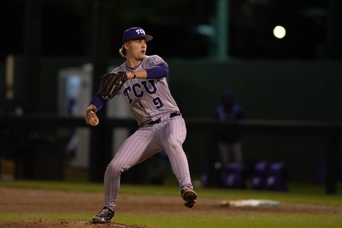 TCU pitcher Trever Baumler (9) throws a pitch during a game between TCU and UCLA on Friday, February 20,2026 at Jackie Robinson Stadium in Los Angeles Calif TCU pitcher Trever Baumler (9) throws a pitch during a game between TCU and UCLA on Friday, February 20,2026 at Jackie Robinson Stadium in Los Angeles Calif