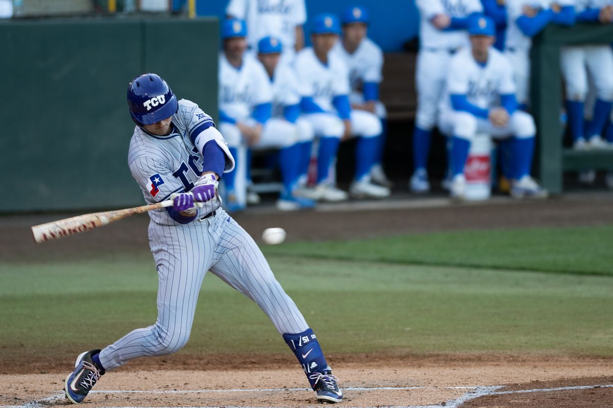 TCU outfielder Chase Brunson (15) swings and makes contact during a game between TCU and UCLA on Friday, February 20,2026 at Jackie Robinson Stadium in Los Angeles Calif TCU outfielder Chase Brunson (15) swings and makes contact during a game between TCU and UCLA on Friday, February 20,2026 at Jackie Robinson Stadium in Los Angeles Calif