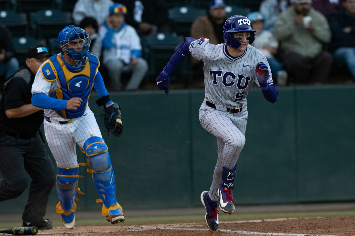 TCU shortstop Lucas Franco (5) runs to first base after a base hit during a game between TCU and UCLA on Friday, February 20,2026 at Jackie Robinson Stadium in Los Angeles Calif TCU shortstop Lucas Franco (5) runs to first base after a base hit during a game between TCU and UCLA on Friday, February 20,2026 at Jackie Robinson Stadium in Los Angeles Calif