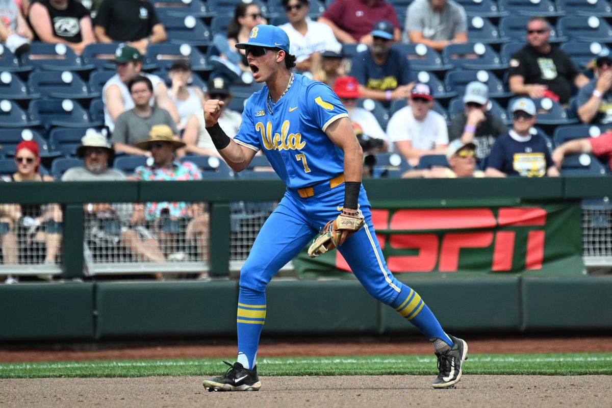 UCLA Bruins third baseman Roman Martin (7) reacts to a strike out call against the Murray State Racers during the ninth inning at Charles Schwab Field. UCLA Bruins third baseman Roman Martin (7) reacts to a strike out call against the Murray State Racers during the ninth inning at Charles Schwab Field.