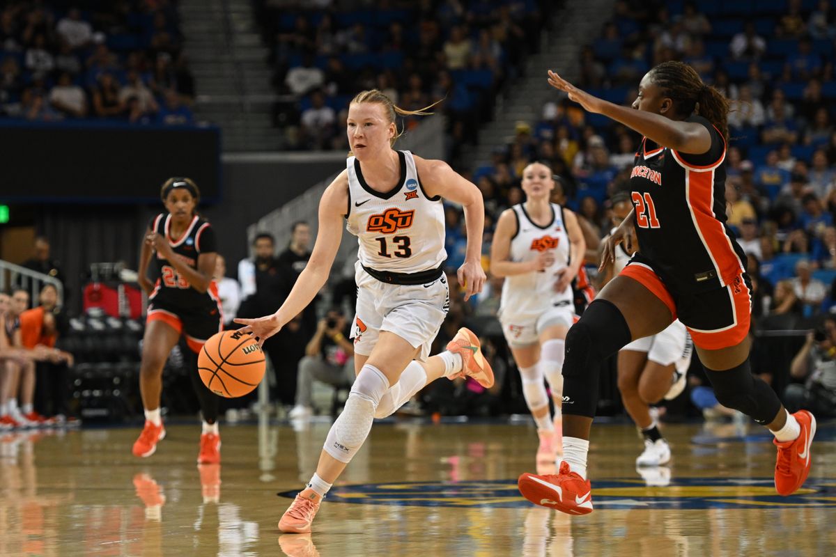 Oklahoma State guard Haleigh Trimmer #13 runs the ball downcourt on a fast break during an NCAA Women's Basketball game between Oklahoma State and Princeton on Saturday, March 21, 2026 at Pauley Pavilion in Los Angeles Calif Oklahoma State guard Haleigh Trimmer #13 runs the ball downcourt on a fast break during an NCAA Women's Basketball game between Oklahoma State and Princeton on Saturday, March 21, 2026 at Pauley Pavilion in Los Angeles Calif