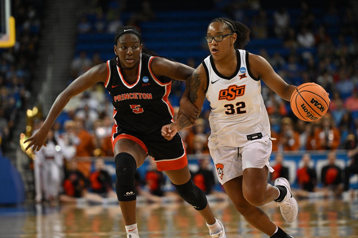 Oklahoma State guard Stailee Heard #32 runs the ball downcourt during an NCAA Women's Basketball game between Oklahoma State and Princeton on Saturday, March 21, 2026 at Pauley Pavilion in Los Angeles Calif Oklahoma State guard Stailee Heard #32 runs the ball downcourt during an NCAA Women's Basketball game between Oklahoma State and Princeton on Saturday, March 21, 2026 at Pauley Pavilion in Los Angeles Calif