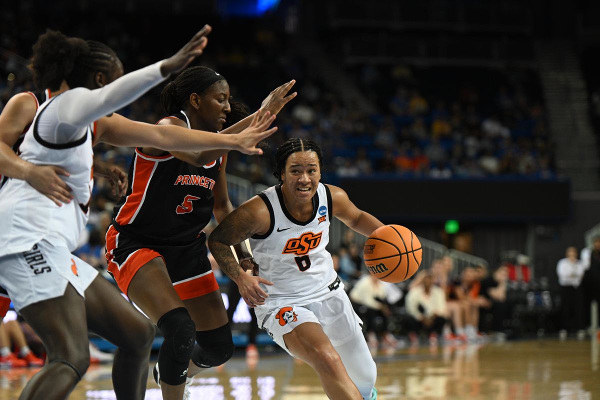 Oklahoma State guard Jaydn Wooten #8 drives to the basket during an NCAA Women's Basketball game between Oklahoma State and Princeton on Saturday, March 21, 2026 at Pauley Pavilion in Los Angeles Calif Oklahoma State guard Jaydn Wooten #8 drives to the basket during an NCAA Women's Basketball game between Oklahoma State and Princeton on Saturday, March 21, 2026 at Pauley Pavilion in Los Angeles Calif