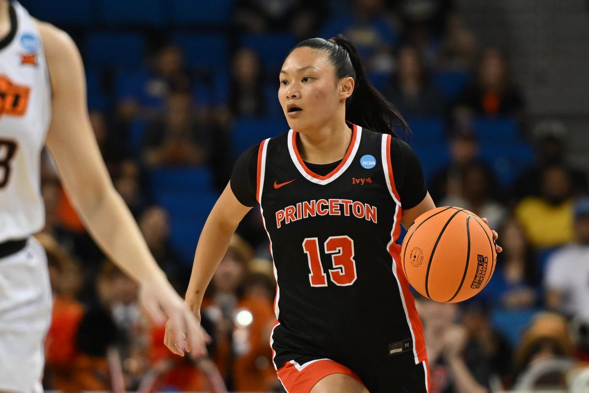 Princeton guard Ashle Chea #13 brings the ball downcourt during an NCAA Women's Basketball game between Oklahoma State and Princeton on Saturday, March 21, 2026 at Pauley Pavilion in Los Angeles Calif Princeton guard Ashle Chea #13 brings the ball downcourt during an NCAA Women's Basketball game between Oklahoma State and Princeton on Saturday, March 21, 2026 at Pauley Pavilion in Los Angeles Calif
