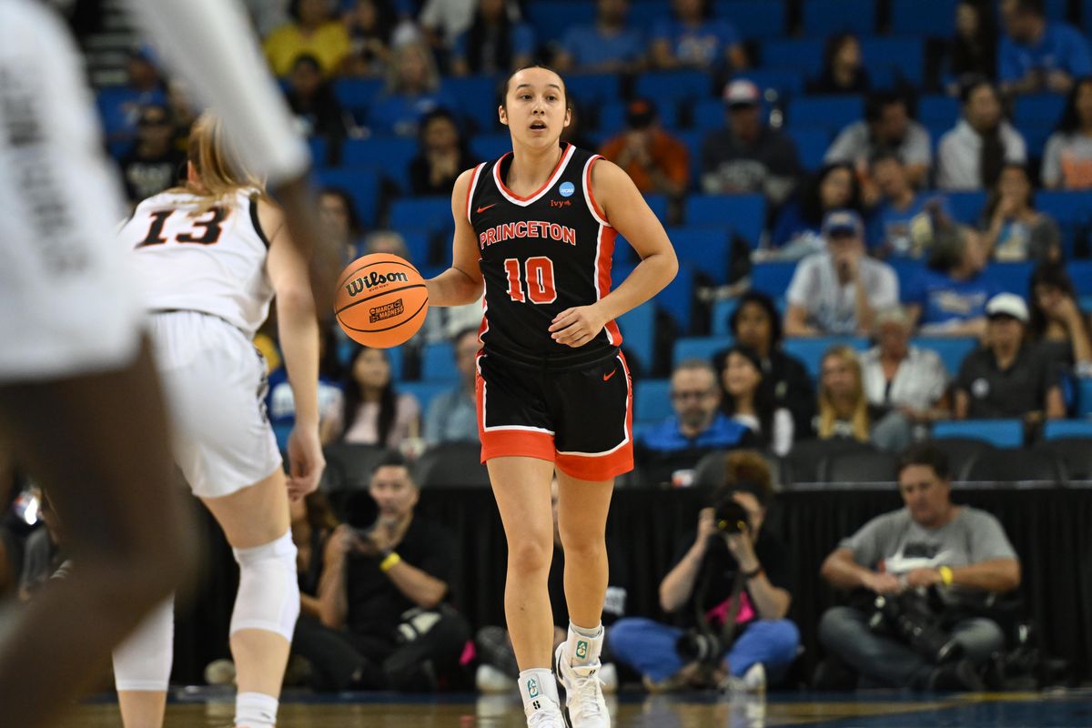 Princeton guard Skye Belker #10 brings the ball downcourt during an NCAA Women's Basketball game between Oklahoma State and Princeton on Saturday, March 21, 2026 at Pauley Pavilion in Los Angeles Calif Princeton guard Skye Belker #10 brings the ball downcourt during an NCAA Women's Basketball game between Oklahoma State and Princeton on Saturday, March 21, 2026 at Pauley Pavilion in Los Angeles Calif
