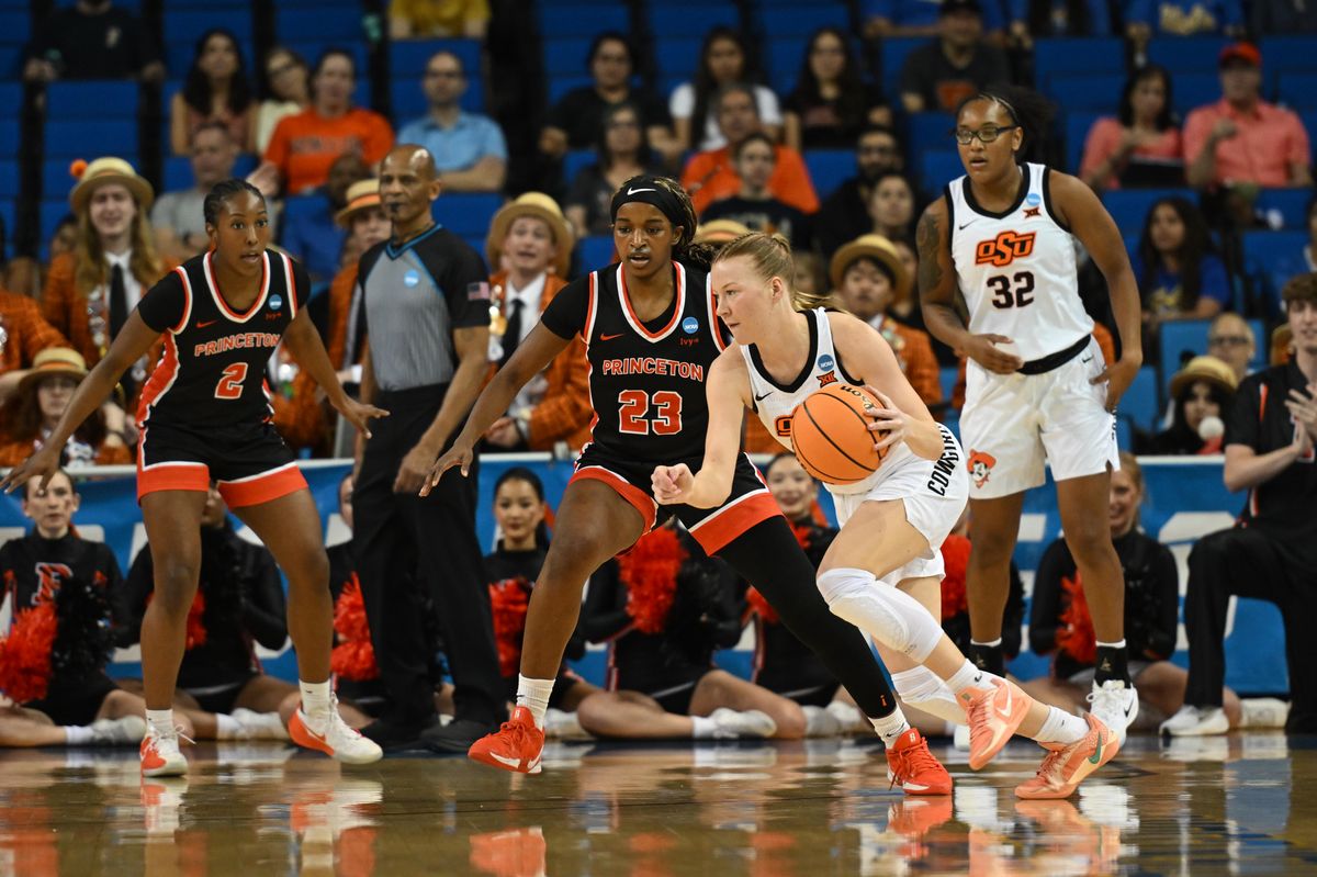 Oklahoma State guard Haleigh Trimmer #13 dribbles the ball to the basket during an NCAA Women's Basketball game between Oklahoma State and Princeton on Saturday, March 21, 2026 at Pauley Pavilion in Los Angeles Calif Oklahoma State guard Haleigh Trimmer #13 dribbles the ball to the basket during an NCAA Women's Basketball game between Oklahoma State and Princeton on Saturday, March 21, 2026 at Pauley Pavilion in Los Angeles Calif