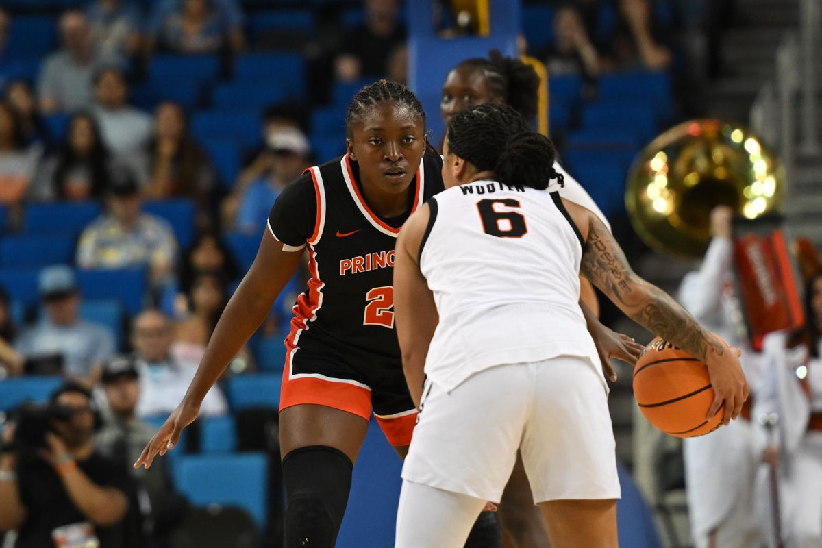 Princeton guard Madison St. Rose #23 plays defense during an NCAA Women's Basketball game between Oklahoma State and Princeton on Saturday, March 21, 2026 at Pauley Pavilion in Los Angeles Calif Princeton guard Madison St. Rose #23 plays defense during an NCAA Women's Basketball game between Oklahoma State and Princeton on Saturday, March 21, 2026 at Pauley Pavilion in Los Angeles Calif