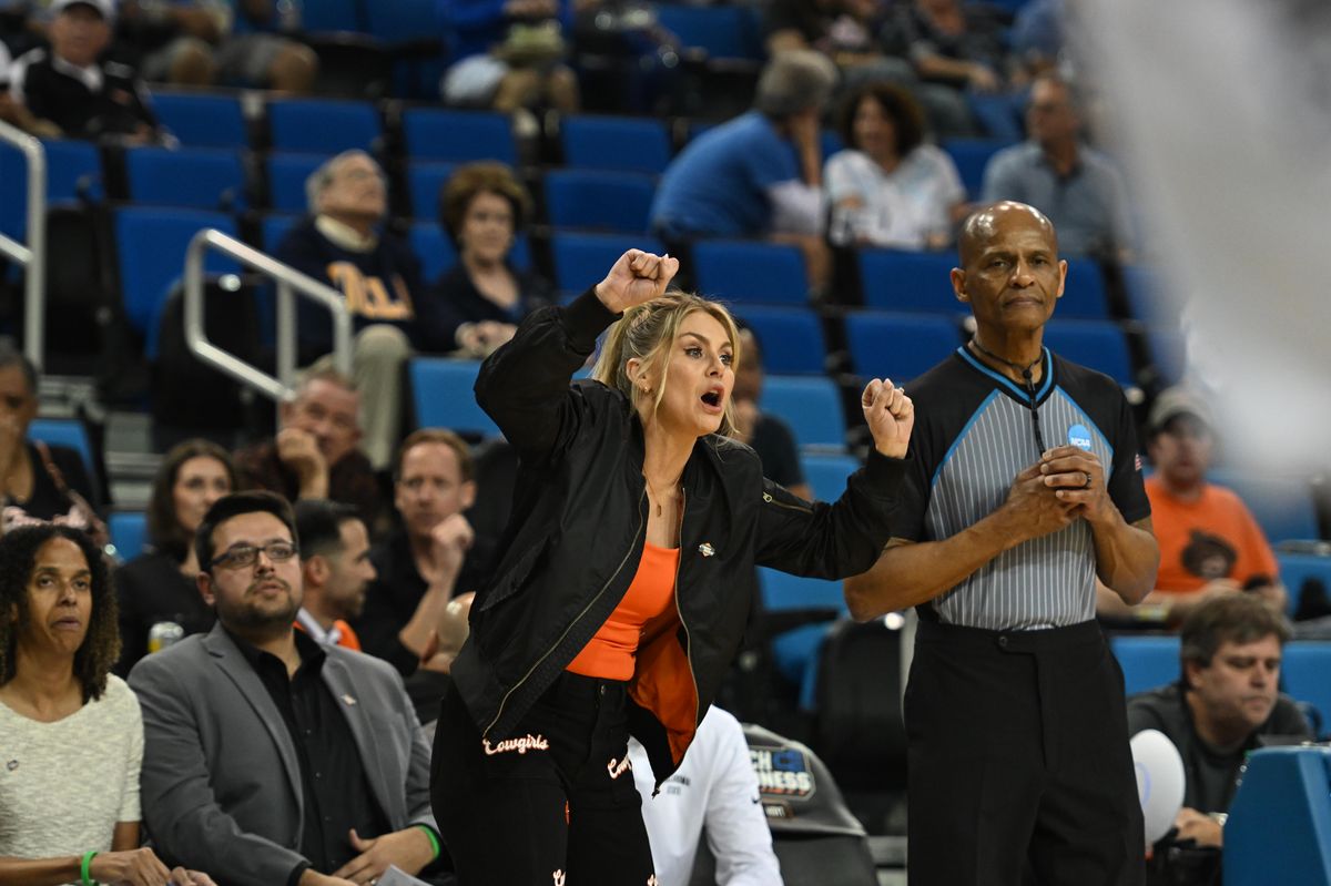 Princeton head coach Carla Berube gestures to her players during an NCAA Women's Basketball game between Oklahoma State and Princeton on Saturday, March 21, 2026 at Pauley Pavilion in Los Angeles Calif Princeton head coach Carla Berube gestures to her players during an NCAA Women's Basketball game between Oklahoma State and Princeton on Saturday, March 21, 2026 at Pauley Pavilion in Los Angeles Calif