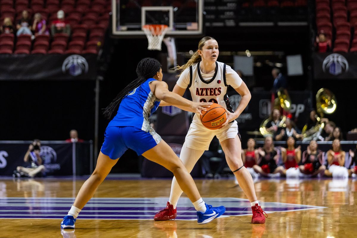 San Diego State Aztecs forward Bailey Barnhard (20) looks to pass the ball during a Mountain West Tournament quarterfinal game between the San Diego State Aztecs and the Air Force Falcons, Sunday March 8, 2026 in Las Vegas, Nev. San Diego State Aztecs forward Bailey Barnhard (20) looks to pass the ball during a Mountain West Tournament quarterfinal game between the San Diego State Aztecs and the Air Force Falcons, Sunday March 8, 2026 in Las Vegas, Nev.