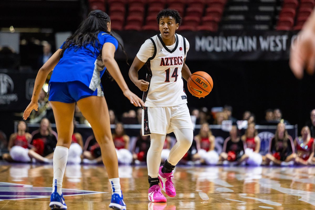 San Diego State Aztecs guard Nala Williams (14) dribbles the ball up the court during a Mountain West Tournament quarterfinal game between the San Diego State Aztecs and the Air Force Falcons, Sunday March 8, 2026 in Las Vegas, Nev. San Diego State Aztecs guard Nala Williams (14) dribbles the ball up the court during a Mountain West Tournament quarterfinal game between the San Diego State Aztecs and the Air Force Falcons, Sunday March 8, 2026 in Las Vegas, Nev.