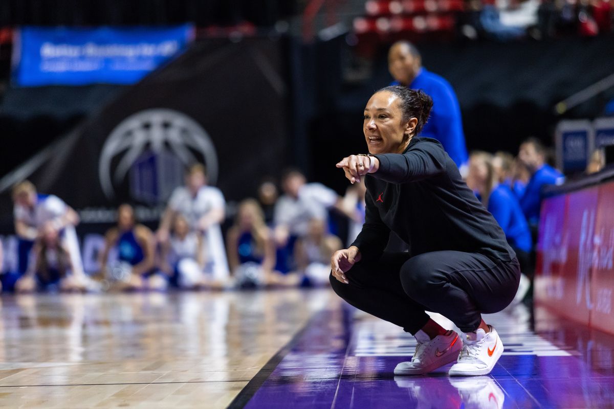 San Diego State Aztecs head coach Stacie Terry-Hutson points and communicates with her team during a Mountain West Tournament quarterfinal game between the San Diego State Aztecs and the Air Force Falcons, Sunday March 8, 2026 in Las Vegas, Nev. San Diego State Aztecs head coach Stacie Terry-Hutson points and communicates with her team during a Mountain West Tournament quarterfinal game between the San Diego State Aztecs and the Air Force Falcons, Sunday March 8, 2026 in Las Vegas, Nev.