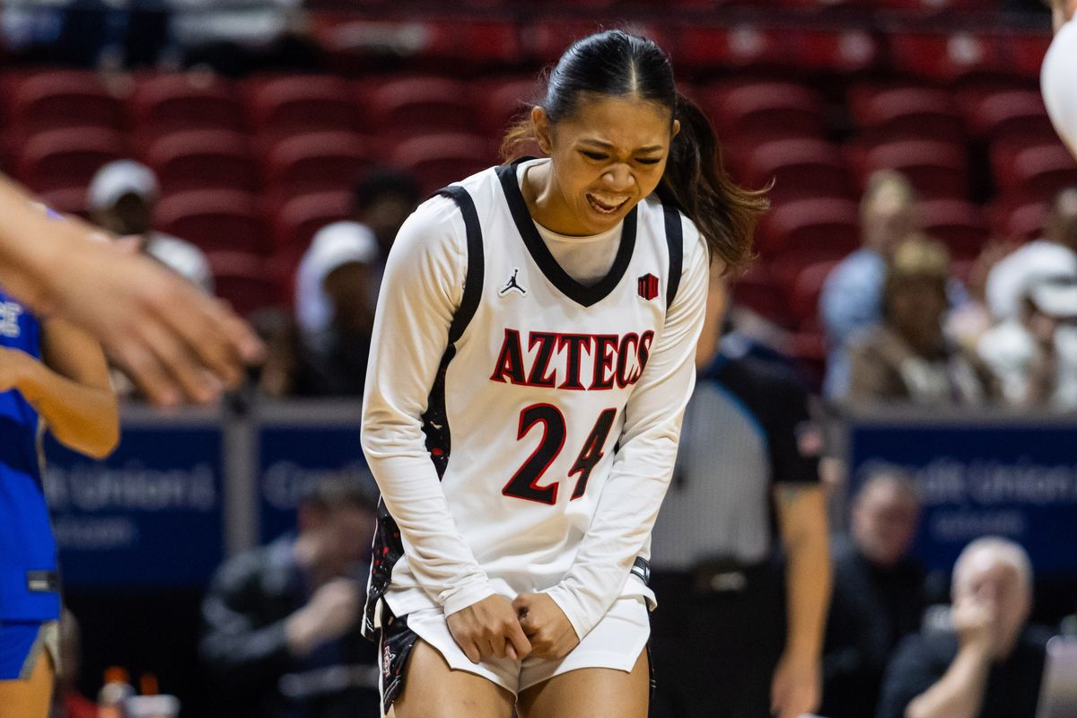 San Diego State Aztecs guard Naomi Panganiban (24) yells in celebration after an Aztec and-one basket during a Mountain West Tournament quarterfinal game between the San Diego State Aztecs and the Air Force Falcons, Sunday March 8, 2026 in Las Vegas, Nev. San Diego State Aztecs guard Naomi Panganiban (24) yells in celebration after an Aztec and-one basket during a Mountain West Tournament quarterfinal game between the San Diego State Aztecs and the Air Force Falcons, Sunday March 8, 2026 in Las Vegas, Nev.