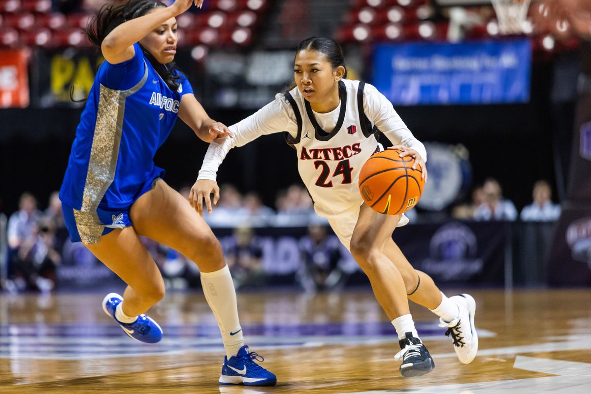 San Diego State Aztecs guard Naomi Panganiban (24) dribbles the ball towards the basket during a Mountain West Tournament quarterfinal game between the San Diego State Aztecs and the Air Force Falcons, Sunday March 8, 2026 in Las Vegas, Nev. San Diego State Aztecs guard Naomi Panganiban (24) dribbles the ball towards the basket during a Mountain West Tournament quarterfinal game between the San Diego State Aztecs and the Air Force Falcons, Sunday March 8, 2026 in Las Vegas, Nev.