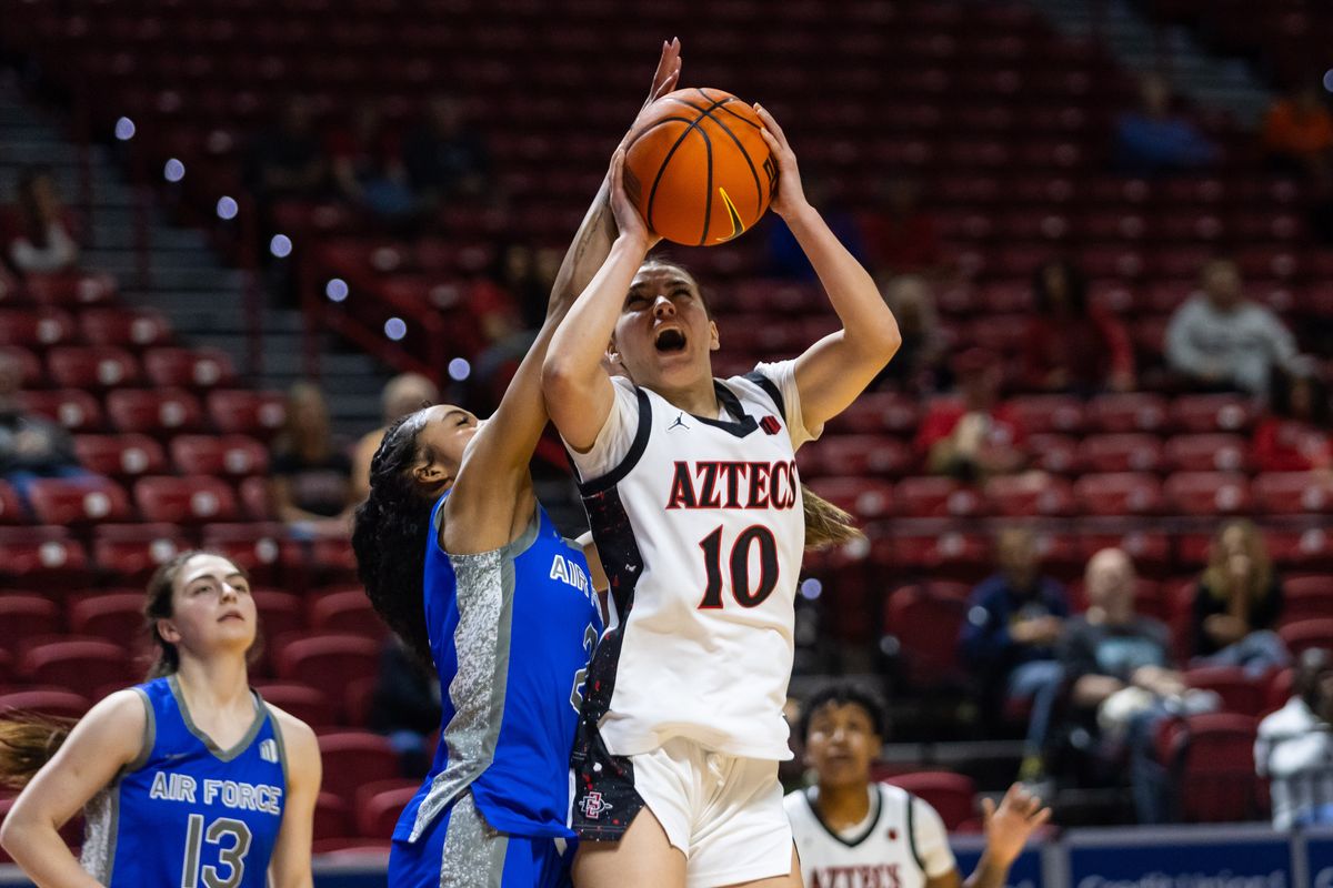 San Diego State Aztecs guard Nat Martinez (10) goes for a lay-up during a Mountain West Tournament quarterfinal game between the San Diego State Aztecs and the Air Force Falcons, Sunday March 8, 2026 in Las Vegas, Nev. San Diego State Aztecs guard Nat Martinez (10) goes for a lay-up during a Mountain West Tournament quarterfinal game between the San Diego State Aztecs and the Air Force Falcons, Sunday March 8, 2026 in Las Vegas, Nev.