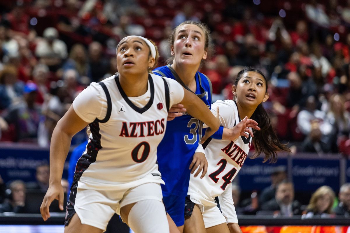 San Diego State Aztecs forward Kennedy Lee (0) boxes out Air Force Falcons forward Emily Adams (31) during a Mountain West Tournament quarterfinal game between the San Diego State Aztecs and the Air Force Falcons, Sunday March 8, 2026 in Las Vegas, Nev. San Diego State Aztecs forward Kennedy Lee (0) boxes out Air Force Falcons forward Emily Adams (31) during a Mountain West Tournament quarterfinal game between the San Diego State Aztecs and the Air Force Falcons, Sunday March 8, 2026 in Las Vegas, Nev.