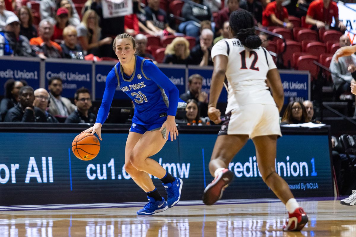Air Force Falcons forward Emily Adams (31) dribbles the ball up the court during a Mountain West Tournament quarterfinal game between the San Diego State Aztecs and the Air Force Falcons, Sunday March 8, 2026 in Las Vegas, Nev. Air Force Falcons forward Emily Adams (31) dribbles the ball up the court during a Mountain West Tournament quarterfinal game between the San Diego State Aztecs and the Air Force Falcons, Sunday March 8, 2026 in Las Vegas, Nev.