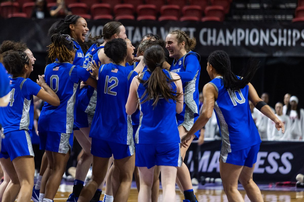 Air Force Falcons yell in celebration after defeating the number one seed San Diego State Aztecs in a Mountain West Tournament quarterfinal game between the San Diego State Aztecs and the Air Force Falcons, Sunday March 8, 2026 in Las Vegas, Nev. Air Force Falcons yell in celebration after defeating the number one seed San Diego State Aztecs in a Mountain West Tournament quarterfinal game between the San Diego State Aztecs and the Air Force Falcons, Sunday March 8, 2026 in Las Vegas, Nev.