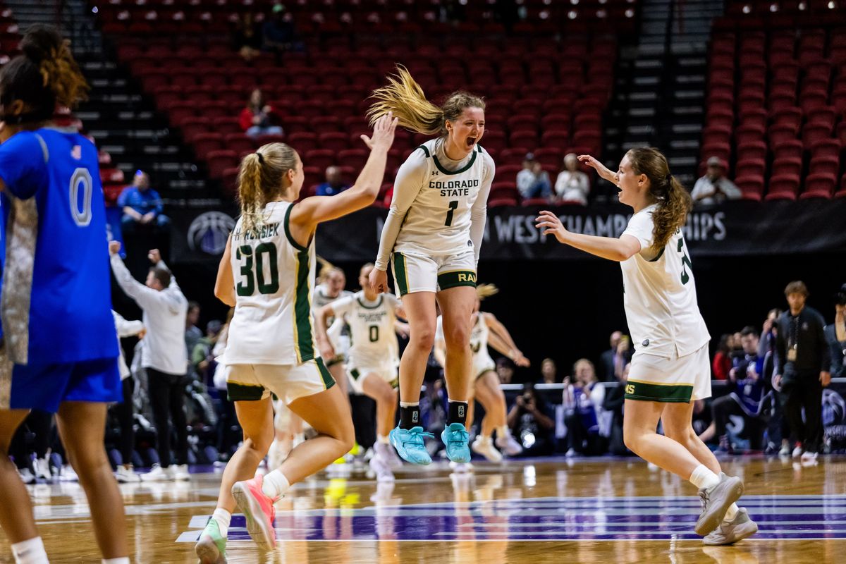 Colorado State Rams jump in celebration as the final buzzer goes off during a Mountain West Tournament championship game between Air Force and the Colorado State Rams, Tuesday March 10, 2026 in Las Vegas, Nev. Colorado State Rams jump in celebration as the final buzzer goes off during a Mountain West Tournament championship game between Air Force and the Colorado State Rams, Tuesday March 10, 2026 in Las Vegas, Nev.