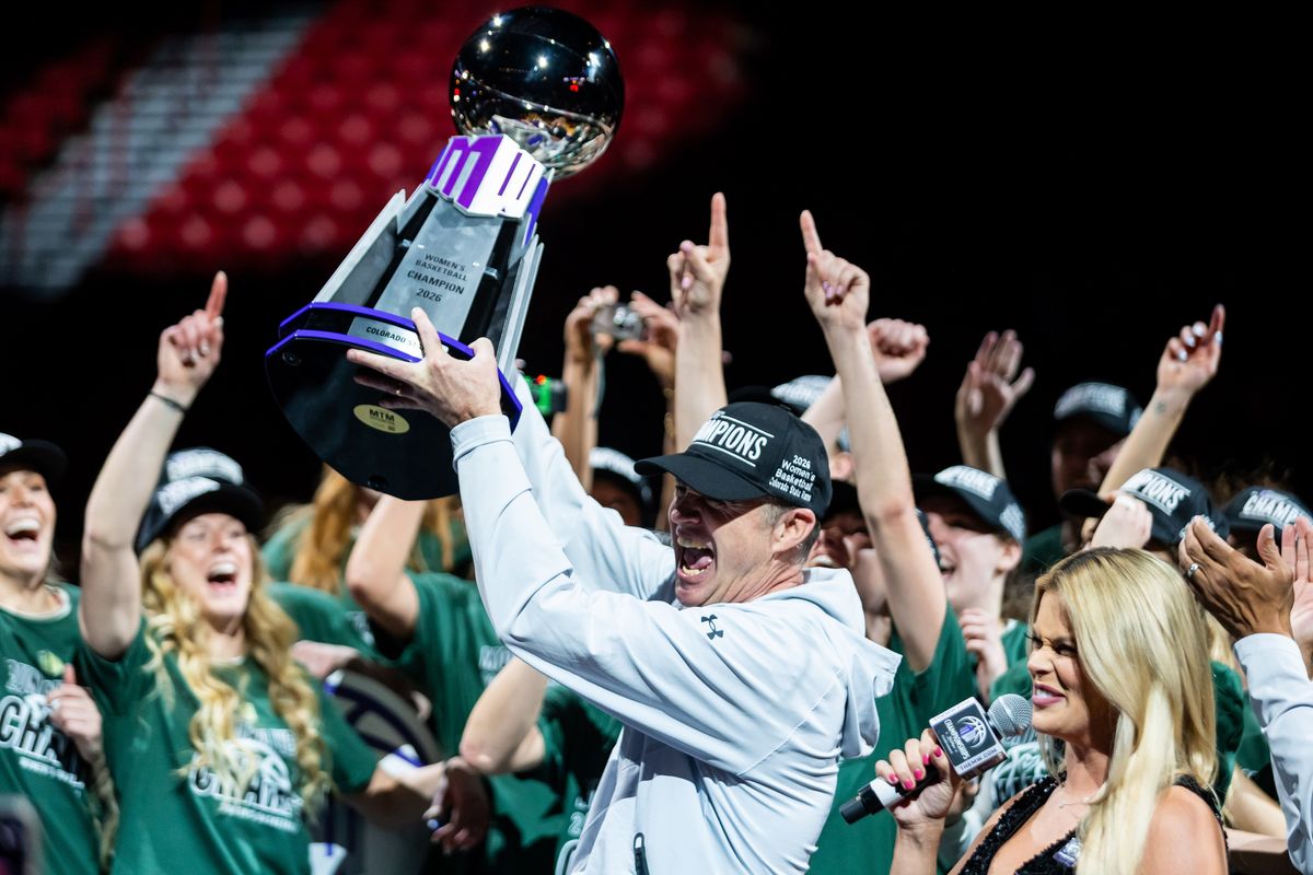 Colorado State Rams head coach Ryun Williams hoists the Mountain West Championship trophy after winning the Mountain West Tournament championship game between Air Force and the Colorado State Rams, Tuesday March 10, 2026 in Las Vegas, Nev. Colorado State Rams head coach Ryun Williams hoists the Mountain West Championship trophy after winning the Mountain West Tournament championship game between Air Force and the Colorado State Rams, Tuesday March 10, 2026 in Las Vegas, Nev.
