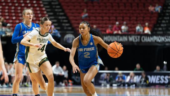 Air Force guard Milahine Perry (2) drives up toward the basket against Colorado State guard Marta Leimane (14) on Tuesday, March 10, 2026, at the Thomas & Mack Center in Las Vegas. Air Force guard Milahine Perry (2) drives up toward the basket against Colorado State guard Marta Leimane (14) on Tuesday, March 10, 2026, at the Thomas & Mack Center in Las Vegas.