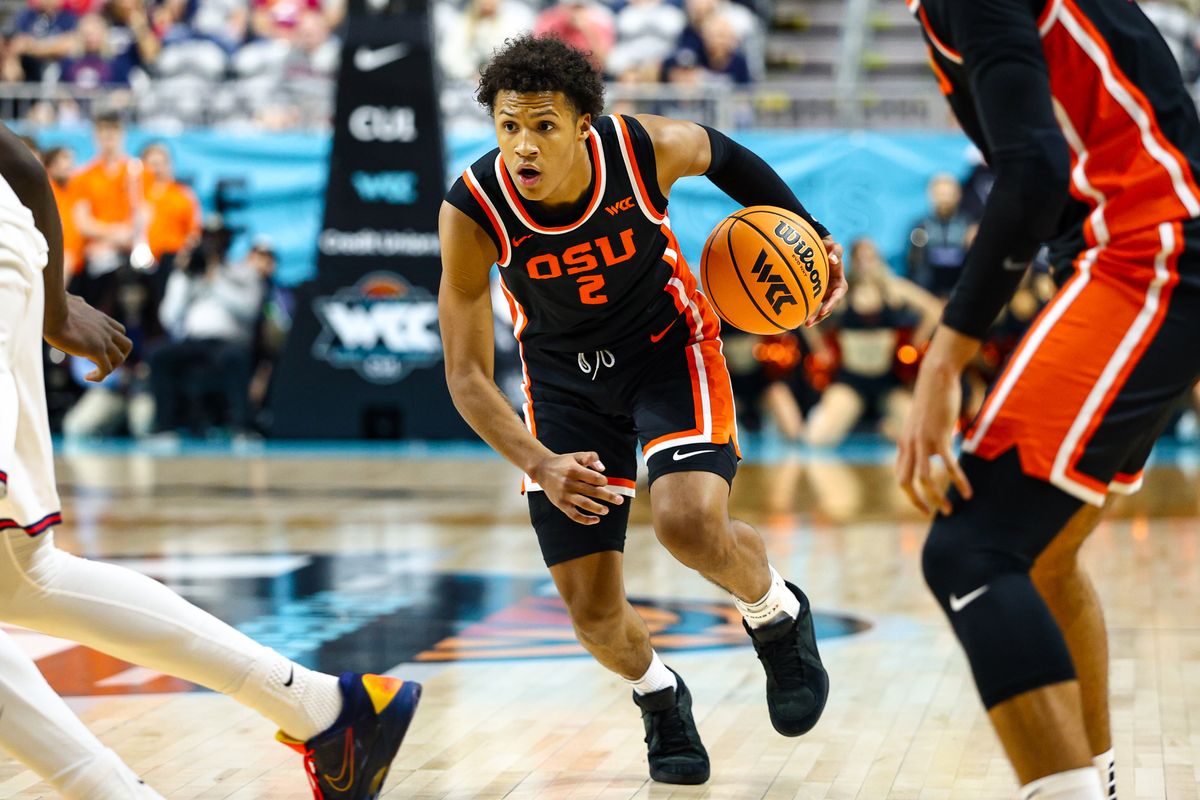 Oregon State Beavers G Josiah Lake II (2) dribbles with the ball during the 2026 WCC Tournament Semi-Finals against the Gonzaga Bulldogs on Monday March 9, 2026, in Las Vegas, Nevada. Oregon State Beavers G Josiah Lake II (2) dribbles with the ball during the 2026 WCC Tournament Semi-Finals against the Gonzaga Bulldogs on Monday March 9, 2026, in Las Vegas, Nevada.