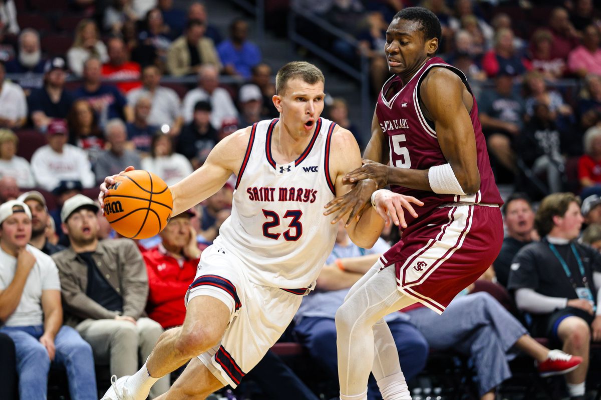 Saint Mary's Gaels F Paulius Murauskas (23) drives with the ball guarded by Santa Clara Broncos G Thierry Darlan (15) during the 2026 WCC Tournament Semi-Finals on Monday March 9, 2026, in Las Vegas, Nevada. Saint Mary's Gaels F Paulius Murauskas (23) drives with the ball guarded by Santa Clara Broncos G Thierry Darlan (15) during the 2026 WCC Tournament Semi-Finals on Monday March 9, 2026, in Las Vegas, Nevada.