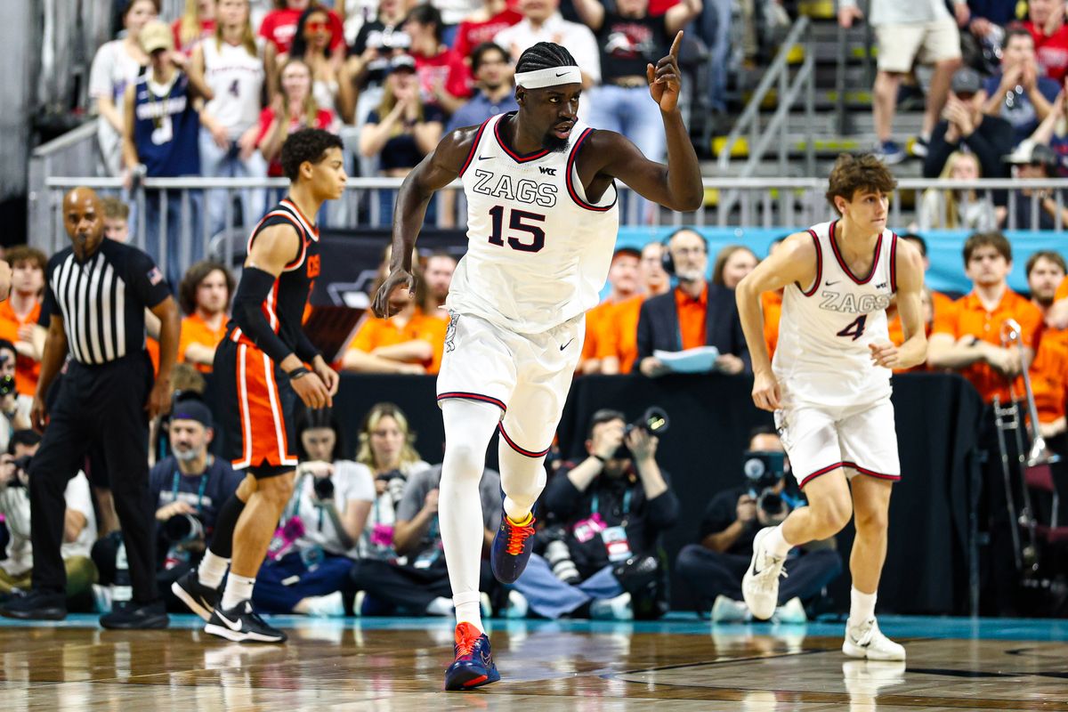 Gonzaga Bulldogs F Graham Ike (15) points to his bench after scoring a basket against the Oregon State Beavers during the 2026 WCC Tournament Semi-Finals on Monday March 9, 2026, in Las Vegas, Nevada. Gonzaga Bulldogs F Graham Ike (15) points to his bench after scoring a basket against the Oregon State Beavers during the 2026 WCC Tournament Semi-Finals on Monday March 9, 2026, in Las Vegas, Nevada.