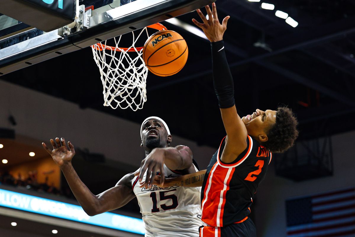 Gonzaga Bulldogs F Graham Ike (15) blocks the shot attempt by Oregon State Beavers G Josiah Lake II during the 2026 WCC Tournament Semi-Finals on Monday March 9, 2026, in Las Vegas, Nevada. Gonzaga Bulldogs F Graham Ike (15) blocks the shot attempt by Oregon State Beavers G Josiah Lake II during the 2026 WCC Tournament Semi-Finals on Monday March 9, 2026, in Las Vegas, Nevada.