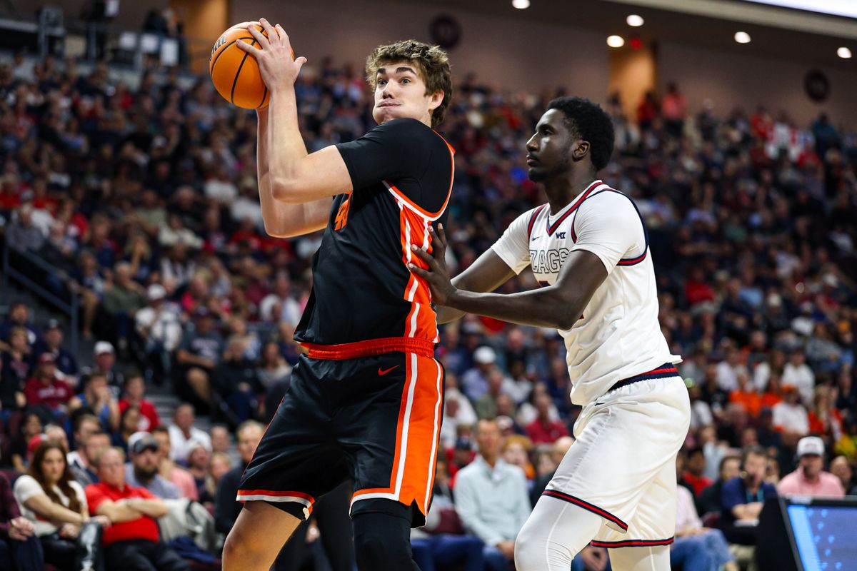 Oregon State Beavers C Noah Amenhauser (40) collects a rebound during the 2026 WCC Tournament Semi-Finals against the Gonzaga Bulldogs on Monday March 9, 2026, in Las Vegas, Nevada. Oregon State Beavers C Noah Amenhauser (40) collects a rebound during the 2026 WCC Tournament Semi-Finals against the Gonzaga Bulldogs on Monday March 9, 2026, in Las Vegas, Nevada.