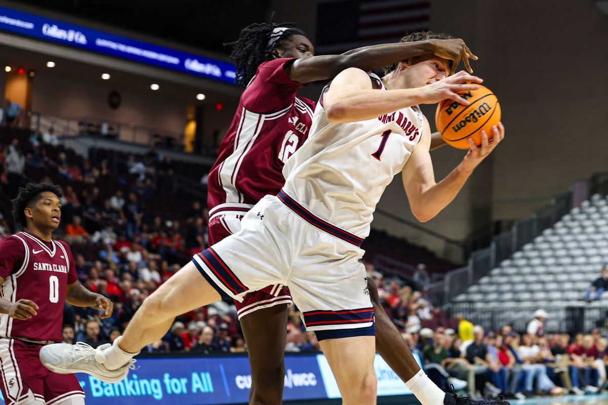 Saint Mary's Gaels C Harry Wessels (1) is fouled by Santa Clara Broncos C Bukky Oboye (12) during the 2026 WCC Tournament Semi-Finals on Monday March 9, 2026, in Las Vegas, Nevada. Saint Mary's Gaels C Harry Wessels (1) is fouled by Santa Clara Broncos C Bukky Oboye (12) during the 2026 WCC Tournament Semi-Finals on Monday March 9, 2026, in Las Vegas, Nevada.