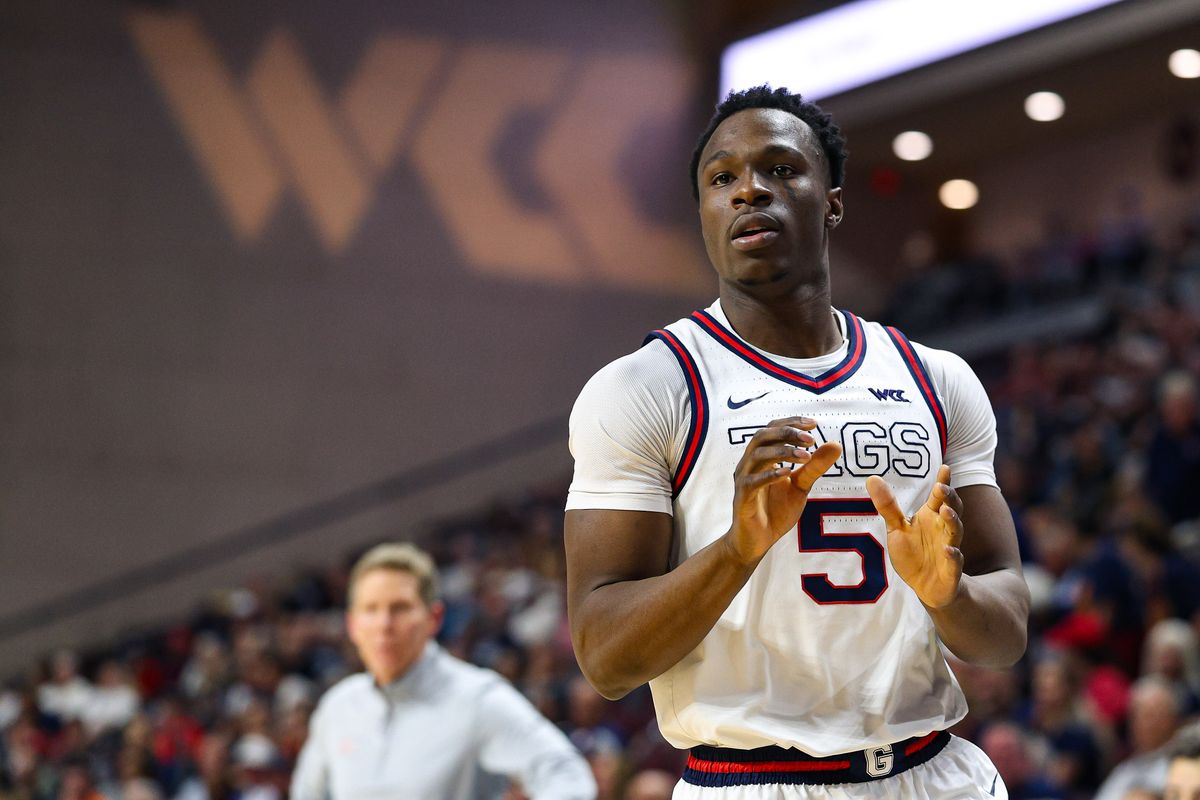 Gonzaga Bulldogs F Emmanuel Innocenti (5) looks for the in-bound pass during the 2026 WCC Tournament Semi-Finals against the Oregon State Beavers on Monday March 9, 2026, in Las Vegas, Nevada. Gonzaga Bulldogs F Emmanuel Innocenti (5) looks for the in-bound pass during the 2026 WCC Tournament Semi-Finals against the Oregon State Beavers on Monday March 9, 2026, in Las Vegas, Nevada.