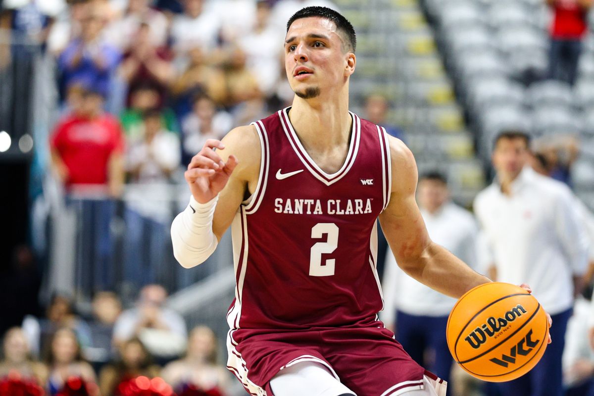 Santa Clara Broncos G Sash Gavalyugov (2) looks for a passing lane during the 2026 WCC Tournament Semi-Finals against the Saint Mary's Gaels on Monday March 9, 2026, in Las Vegas, Nevada. Santa Clara Broncos G Sash Gavalyugov (2) looks for a passing lane during the 2026 WCC Tournament Semi-Finals against the Saint Mary's Gaels on Monday March 9, 2026, in Las Vegas, Nevada.