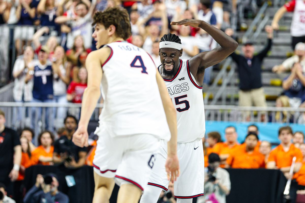 Gonzaga Bulldogs F Graham Ike (15) reacts after his teammate Freshman G Davis Fogle (4) dunked the ball against the Oregon State Beavers at the 2026 WCC Tournament Semi-Finals on Monday March 9, 2026, in Las Vegas, Nevada. Gonzaga Bulldogs F Graham Ike (15) reacts after his teammate Freshman G Davis Fogle (4) dunked the ball against the Oregon State Beavers at the 2026 WCC Tournament Semi-Finals on Monday March 9, 2026, in Las Vegas, Nevada.
