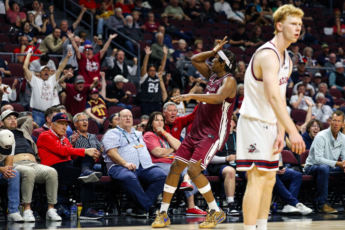 Santa Clara Broncos F Elijah Mahi (8) reacts with the crowd after he drained a late three-point shot against the Saint Mary's Gaels on Monday March 9, 2026, in Las Vegas, Nevada. Santa Clara Broncos F Elijah Mahi (8) reacts with the crowd after he drained a late three-point shot against the Saint Mary's Gaels on Monday March 9, 2026, in Las Vegas, Nevada.