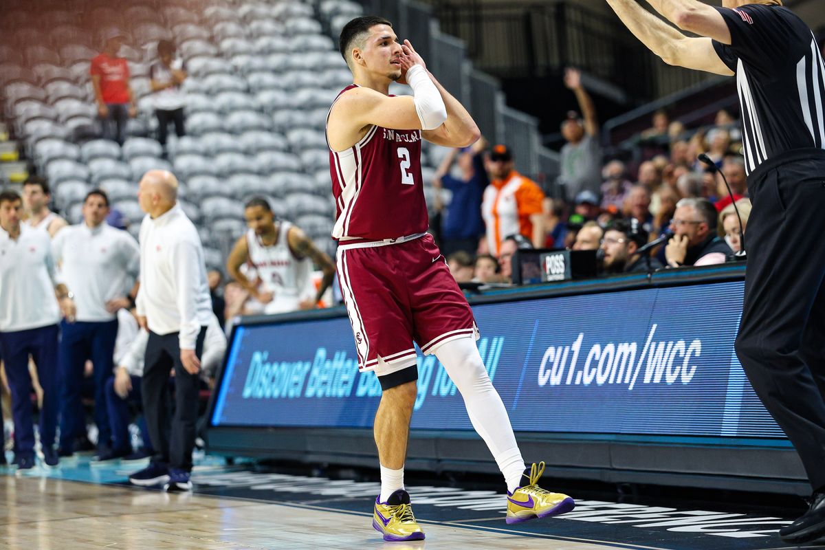 Santa Clara Broncos G Sash Gavalyugov (2) reacts after hitting a clutch three-point shot in the final seconds of their 2026 WCC Tournament Semi-Finals matchup against the Saint Mary's Gaels on Monday March 9, 2026, in Las Vegas, Nevada. Santa Clara Broncos G Sash Gavalyugov (2) reacts after hitting a clutch three-point shot in the final seconds of their 2026 WCC Tournament Semi-Finals matchup against the Saint Mary's Gaels on Monday March 9, 2026, in Las Vegas, Nevada.