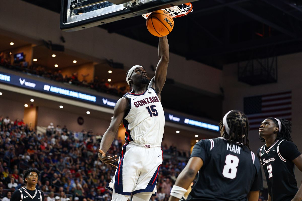 Gonzaga Bulldogs F Graham Ike (15) dunks the ball against the Santa Clara Broncos at the 2026 WCC Conference Championship Game on Tuesday, March 10, 2026, in Las Vegas, Nevada. Gonzaga Bulldogs F Graham Ike (15) dunks the ball against the Santa Clara Broncos at the 2026 WCC Conference Championship Game on Tuesday, March 10, 2026, in Las Vegas, Nevada.