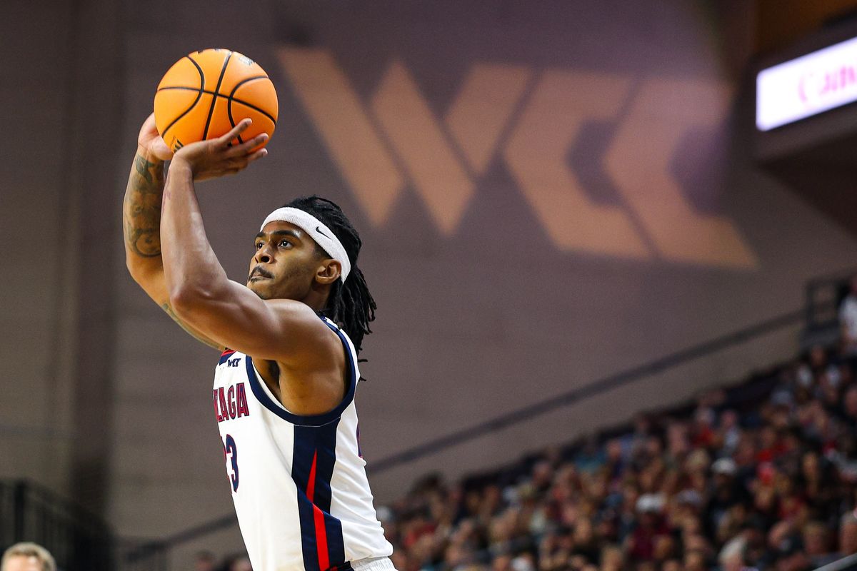 Gonzaga Bulldogs G Adam Miller (23) makes a three-point shot attempt during the 2026 WCC Conference Championship Game against the Santa Clara Broncos on Tuesday, March 10, 2026, in Las Vegas, Nevada. Gonzaga Bulldogs G Adam Miller (23) makes a three-point shot attempt during the 2026 WCC Conference Championship Game against the Santa Clara Broncos on Tuesday, March 10, 2026, in Las Vegas, Nevada.