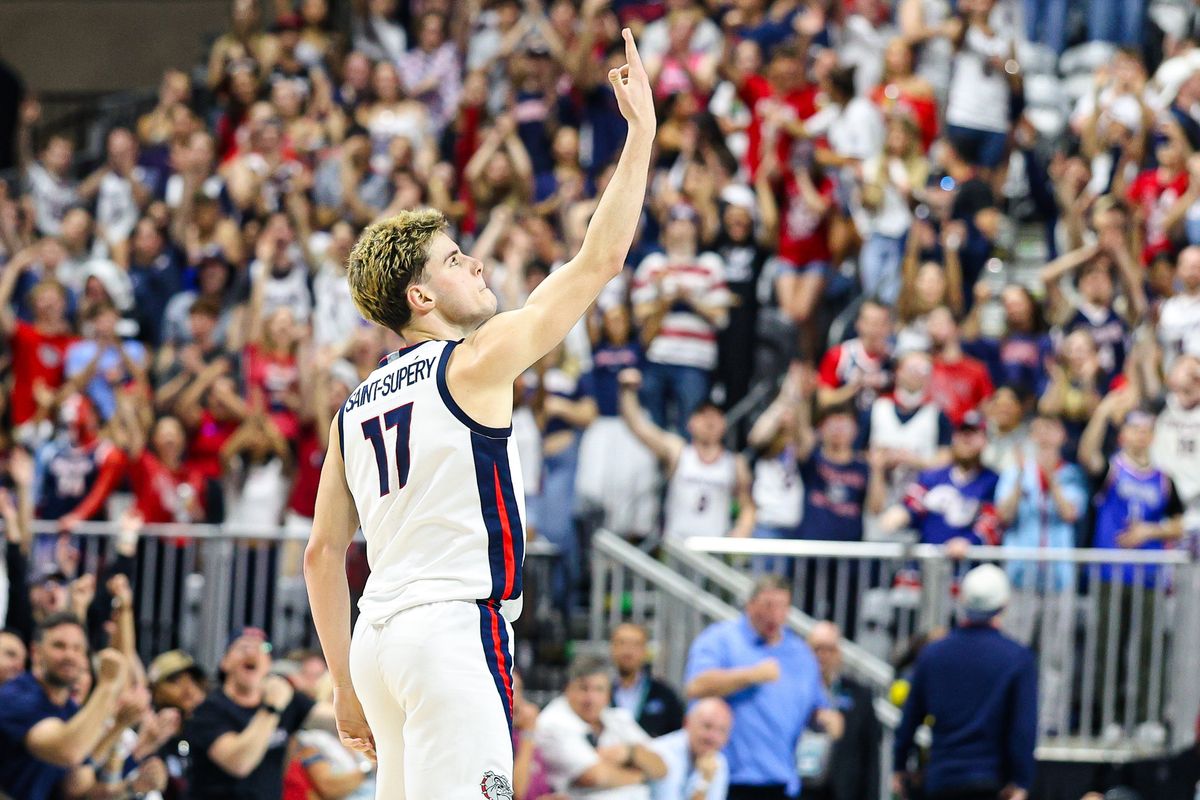 Gonzaga Bulldogs freshman G Mario Saint-Supréy (17) reacts after he drains a three-point shot during the 2026 WCC Conference Championship Game against the Santa Clara Broncos on Tuesday, March 10, 2026, in Las Vegas, Nevada. Gonzaga Bulldogs freshman G Mario Saint-Supréy (17) reacts after he drains a three-point shot during the 2026 WCC Conference Championship Game against the Santa Clara Broncos on Tuesday, March 10, 2026, in Las Vegas, Nevada.