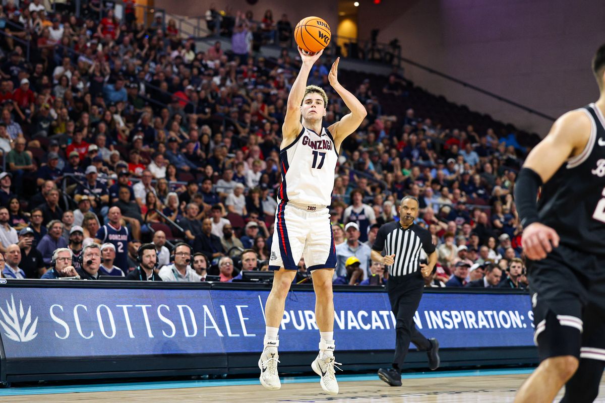 Gonzaga Bulldogs freshman G Mario Saint-Supéry (17) shoots an uncontested three-point shot during the 2026 WCC Conference Championship Game against the Santa Clara Broncos on Tuesday, March 10, 2026, in Las Vegas, Nevada. Gonzaga Bulldogs freshman G Mario Saint-Supéry (17) shoots an uncontested three-point shot during the 2026 WCC Conference Championship Game against the Santa Clara Broncos on Tuesday, March 10, 2026, in Las Vegas, Nevada.