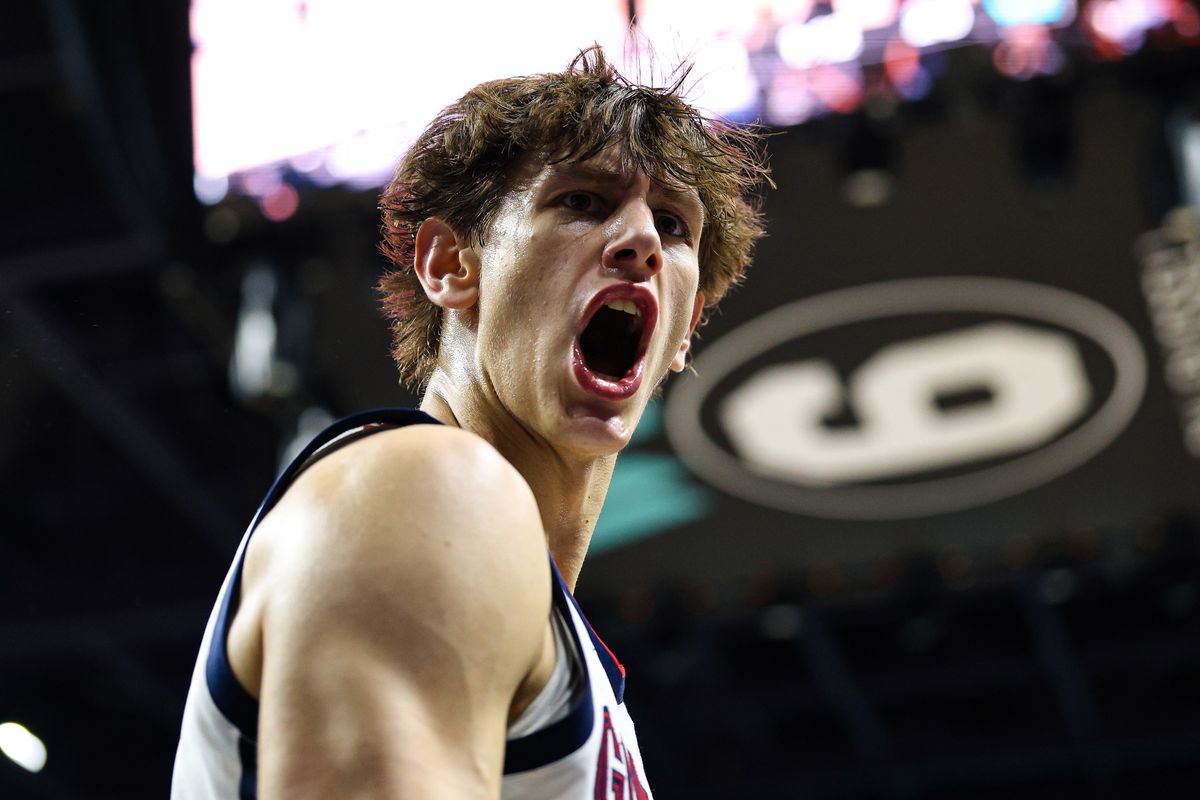 Gonzaga Bulldogs freshman G Davis Fogle (4) reacts after he draws a foul after making a basket late in the 2026 WCC Conference Championship Game against the Santa Clara Broncos on Tuesday, March 10, 2026, in Las Vegas, Nevada. Gonzaga Bulldogs freshman G Davis Fogle (4) reacts after he draws a foul after making a basket late in the 2026 WCC Conference Championship Game against the Santa Clara Broncos on Tuesday, March 10, 2026, in Las Vegas, Nevada.