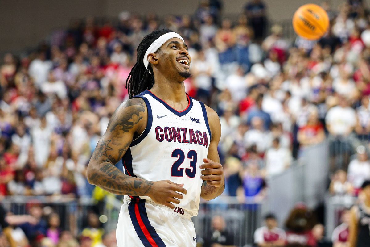 Gonzaga Bulldogs G Adam Miller (23) smiles after a foul committed by the Santa Clara Broncos in the final seconds of the 2026 WCC Conference Championship Game on Tuesday, March 10, 2026, in Las Vegas, Nevada. Gonzaga Bulldogs G Adam Miller (23) smiles after a foul committed by the Santa Clara Broncos in the final seconds of the 2026 WCC Conference Championship Game on Tuesday, March 10, 2026, in Las Vegas, Nevada.
