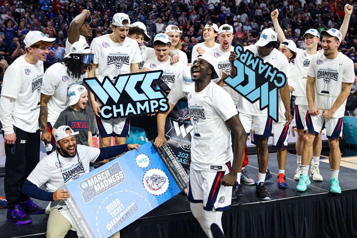 The Gonzaga Bulldogs celebrate after they defeated the Santa Clara Broncos during the 2026 WCC Conference Championship Game on Tuesday, March 10, 2026, in Las Vegas, Nevada. The Gonzaga Bulldogs celebrate after they defeated the Santa Clara Broncos during the 2026 WCC Conference Championship Game on Tuesday, March 10, 2026, in Las Vegas, Nevada.