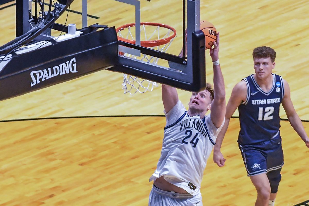 Villanova forward Duke Brennan (24) drives to the basket for dunk during an NCCA March Madness game against Utah State Friday March 20, 2026 in San Diego , California. Villanova forward Duke Brennan (24) drives to the basket for dunk during an NCCA March Madness game against Utah State Friday March 20, 2026 in San Diego , California.